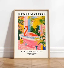 Flamingo in Bathtub Art Print: Funny Pink Bathroom Wall Decor Poster