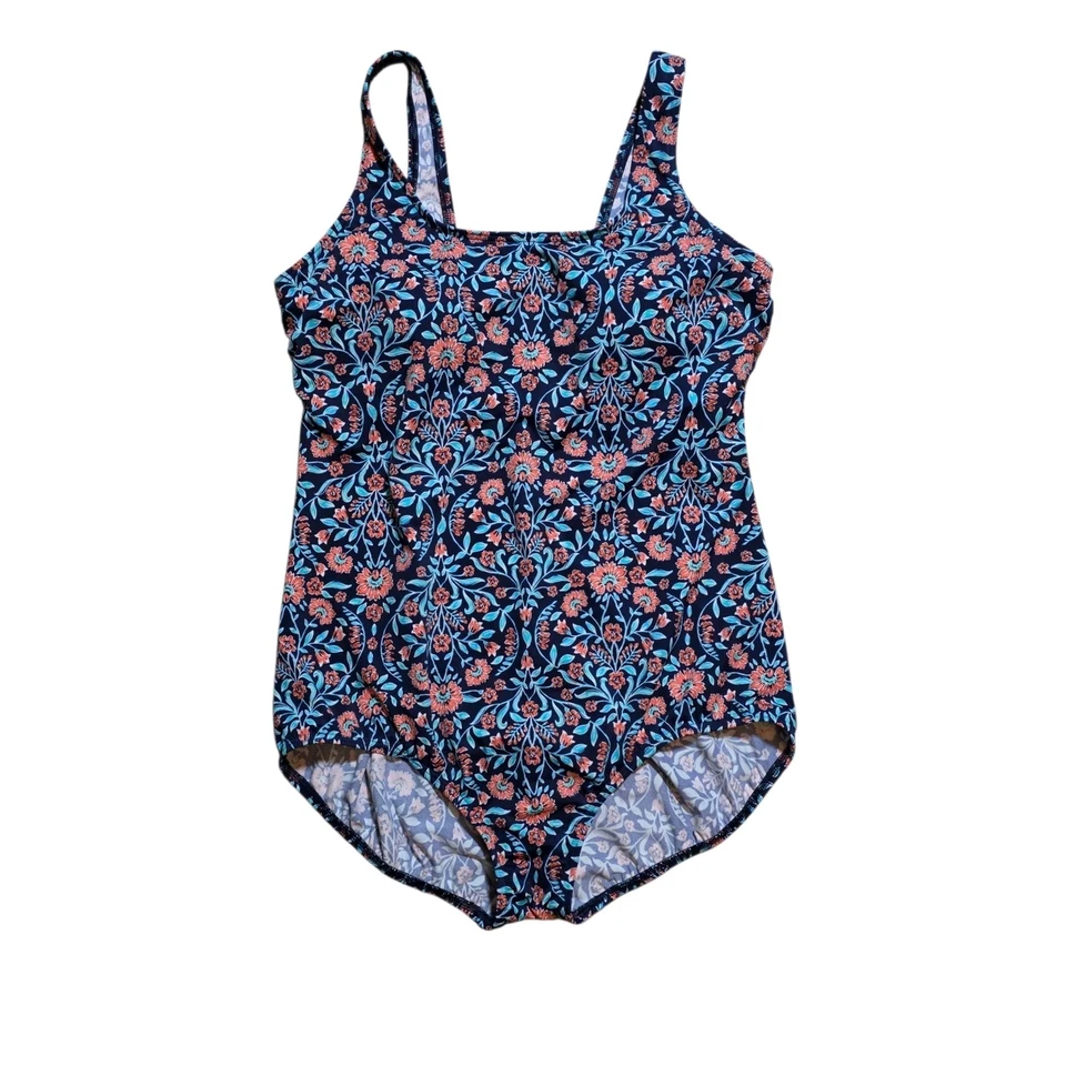 Lands End女式花卉软杯文胸连体泳衣16 Tugless运动蓝色 — 第 3/4 张图片