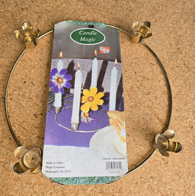 Vtg Gold Tone Metal Ring Candle Stick Taper Holder Flower Decor Magic Creations