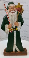 Vintage Folk Art Hand Carved Hand Painted Wooden Rustic Green Santa Claus