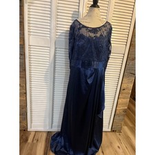 JJ's House Navy Blue Lace Sequin Embroidered Formal Evening Gown Cowl Back