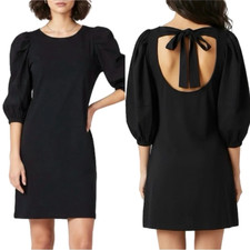 NATION Black SLUB KNIT Tie Back PLEATED PUFF 3/4 SLEEVES Calissa Shift Dress S