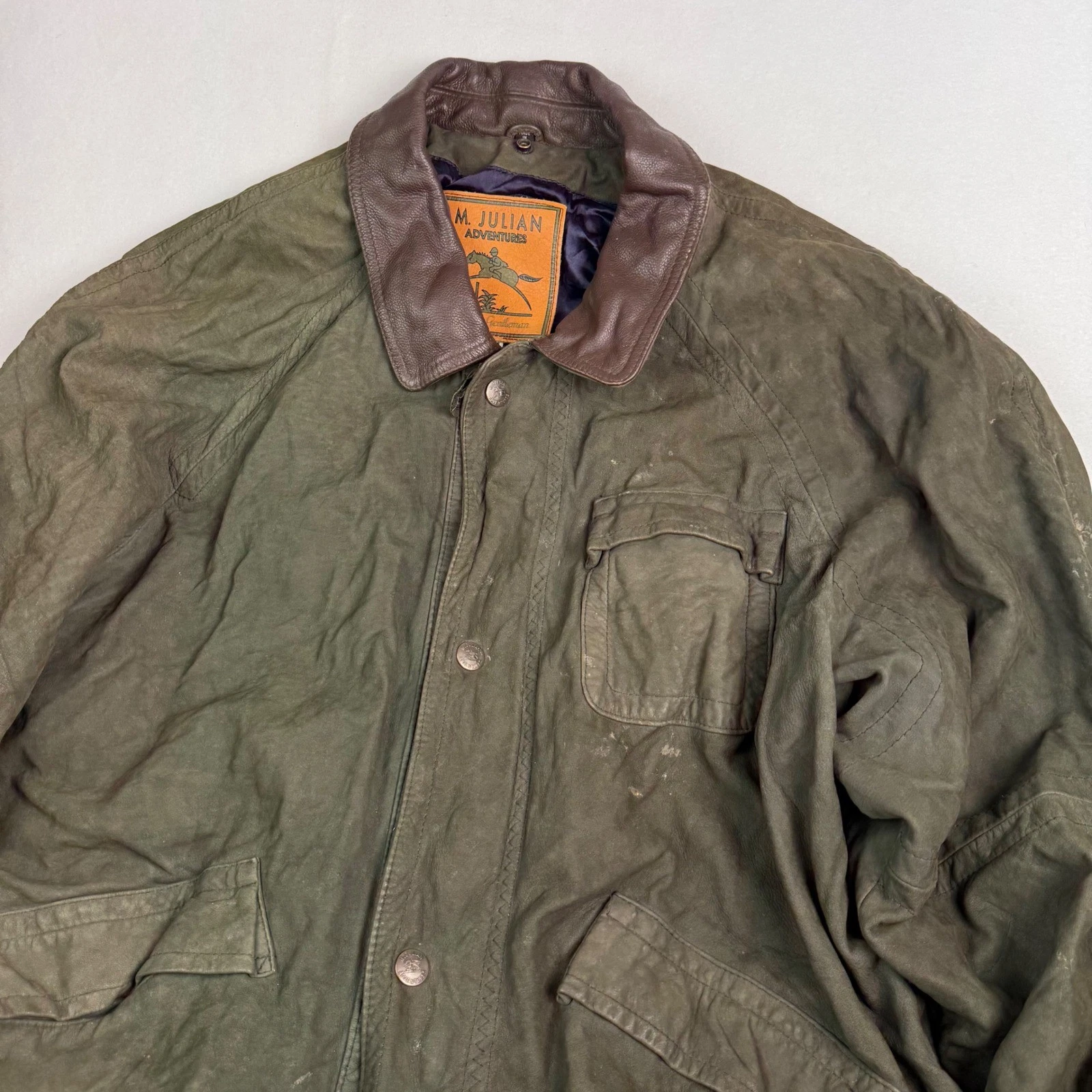 M Julian Adventures Country Gentleman Olive Green Nubuck Leather Jacket Mens XL - product detail image 5