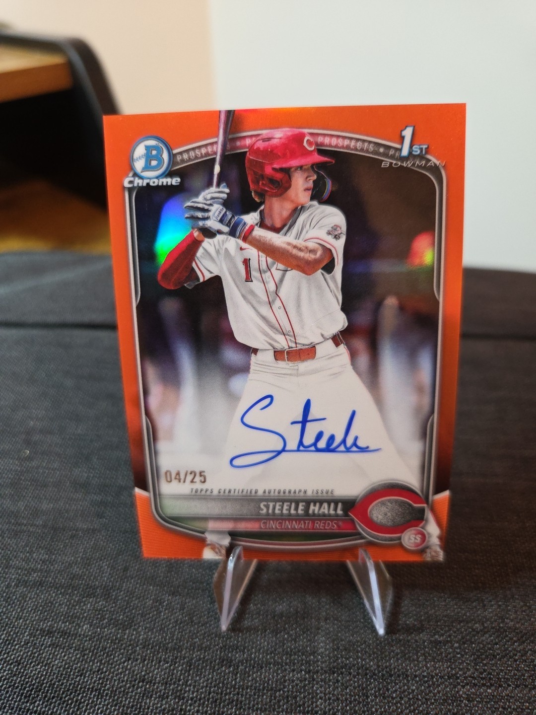 2025 Bowman Draft Steele Hall Chrome Auto Orange Refractor /25 1st Prospect Reds