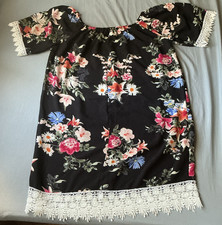 Women's Black Multicolor Floral Off Shoulder Shift Dress Lace Trim Short M