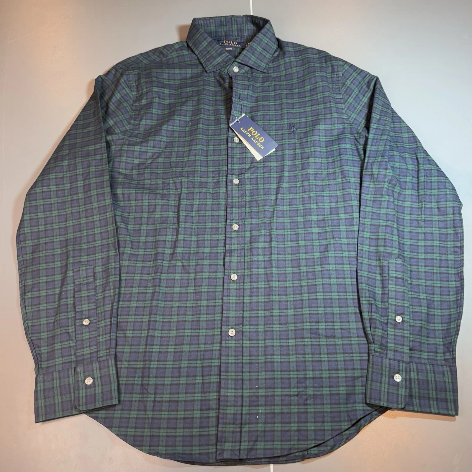 NWT Polo Ralph Lauren Mens L Slim Fit Blackwatch Tartan Plaid Long Sleeve Soft