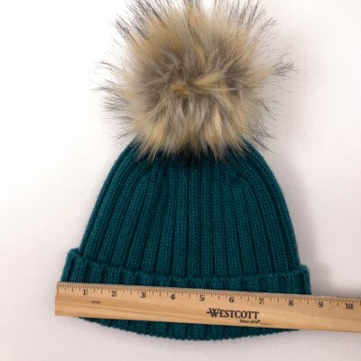 J. Crew Green Rib Knit Cuff Winter Hat Big Faux Fur Pom Pom  display picture 1