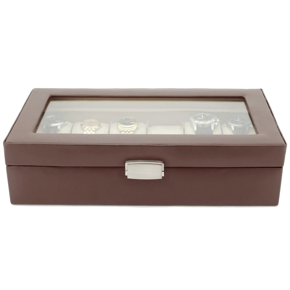 Watch Box Brown Leather For 12 Watches Extra Large XL Compartments Glass Lid - Image 2 of 4