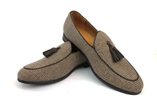 Mens Slip On Loafers Tan Brown Houndstooth Plaid Dress Shoes Leather Tassel AZAR