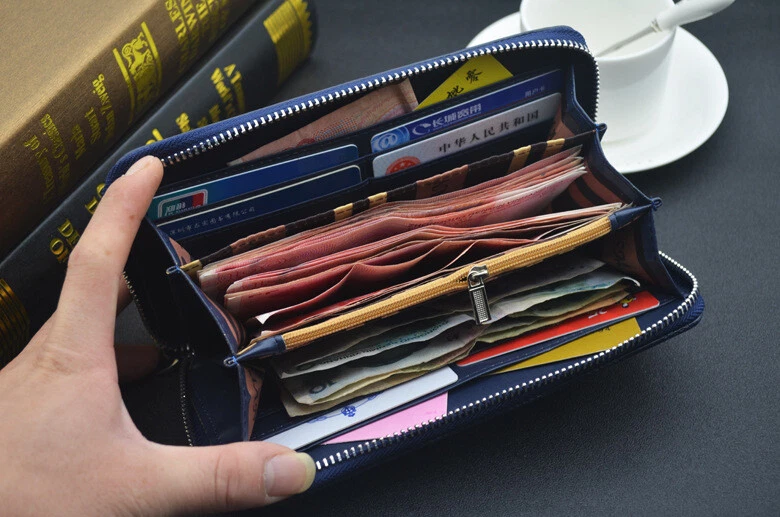 Men's Zipper Around Wallet Large Capacity Leather Bifold Wallet