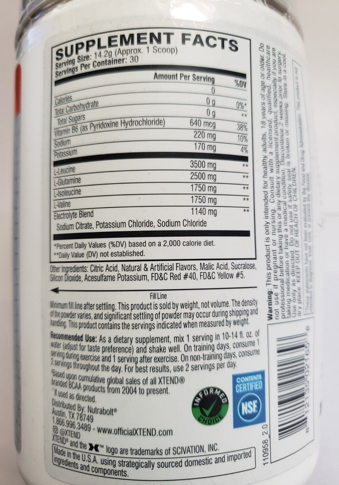 Scivation XTEND BCAA 7g Blood Orange 30 Servings DENTED Exp