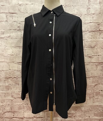 JASON by Comfy USA Button Up Zipper Shirt Blouse Black Women's XS Stretch