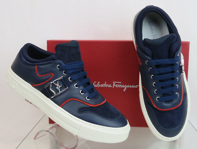 $795 FERRAGAMO NORIS NAVY LEATHER RED SUEDE SF LOGO WHITE SNEAKERS 11 M ITALY