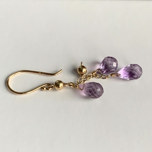 Single 14K Gold Earring Amethyst Briolette Drops Dangle 42mm Long Hook 14ct 585 - Picture 6 of 7