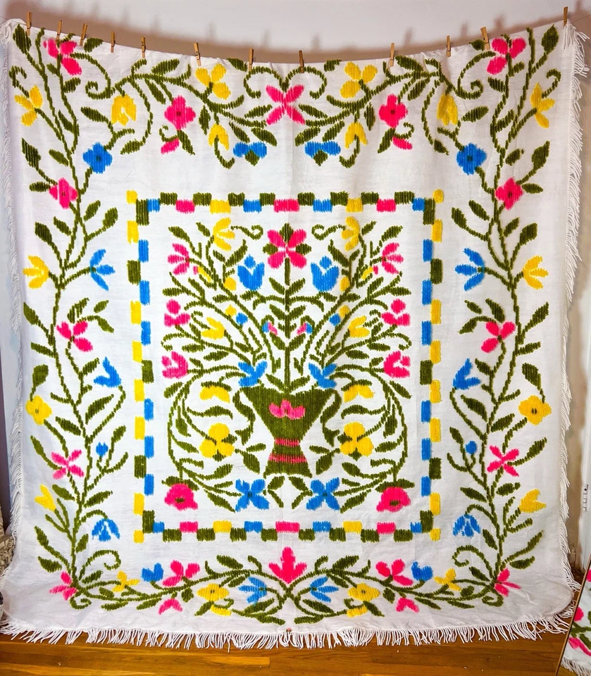 Cubrecama Vintage Vibrante Bordado Crewel Queen King Arte Popular Boho Foto 2 de 4