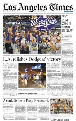 LOS ANGELES TIMES NOV 3 2025 DODGERS WIN WORLD SERIES CHAMPS BACK