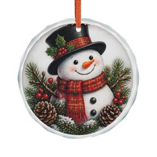 Snowman in Plaid Scarf and Hat Crystal Glass Ornament