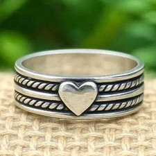 925 Sterling Silver, Solid Silver, Band Ring, Modern yet Ethnic Look, Heart