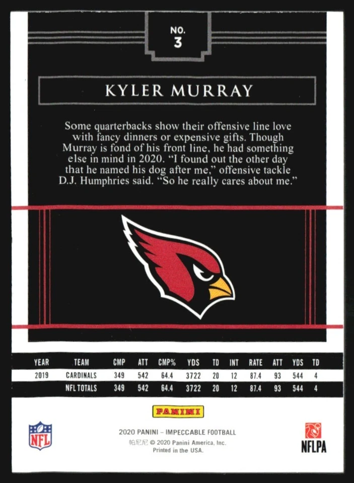 2020 Panini Impeccable Red 3/8 Kyler Murray #3 R6220J - Image 2 of 2