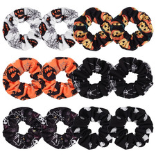 12PCS Halloween Hair Scrunchies Soft Fall Pumpkin Skull Ghosts Bat Spider Web Ha