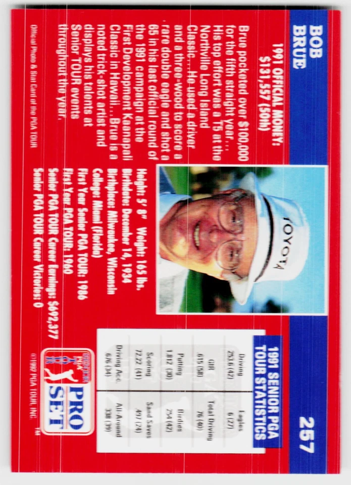 Bob Brue, 1992 Pro Set PGA Tour, #257, , - Image 2 of 2
