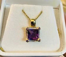 14K Yellow Gold Square Amethyst And Diamond Pendant with 18" Chain 7.3 Grams