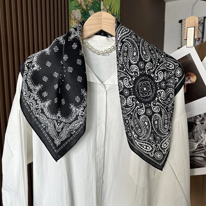 100% Seide Schal Damen Vintage Schwarz Paisley Kerchief Quadrat Bandana Halstuch 68*68cm - Bild 2 von 4