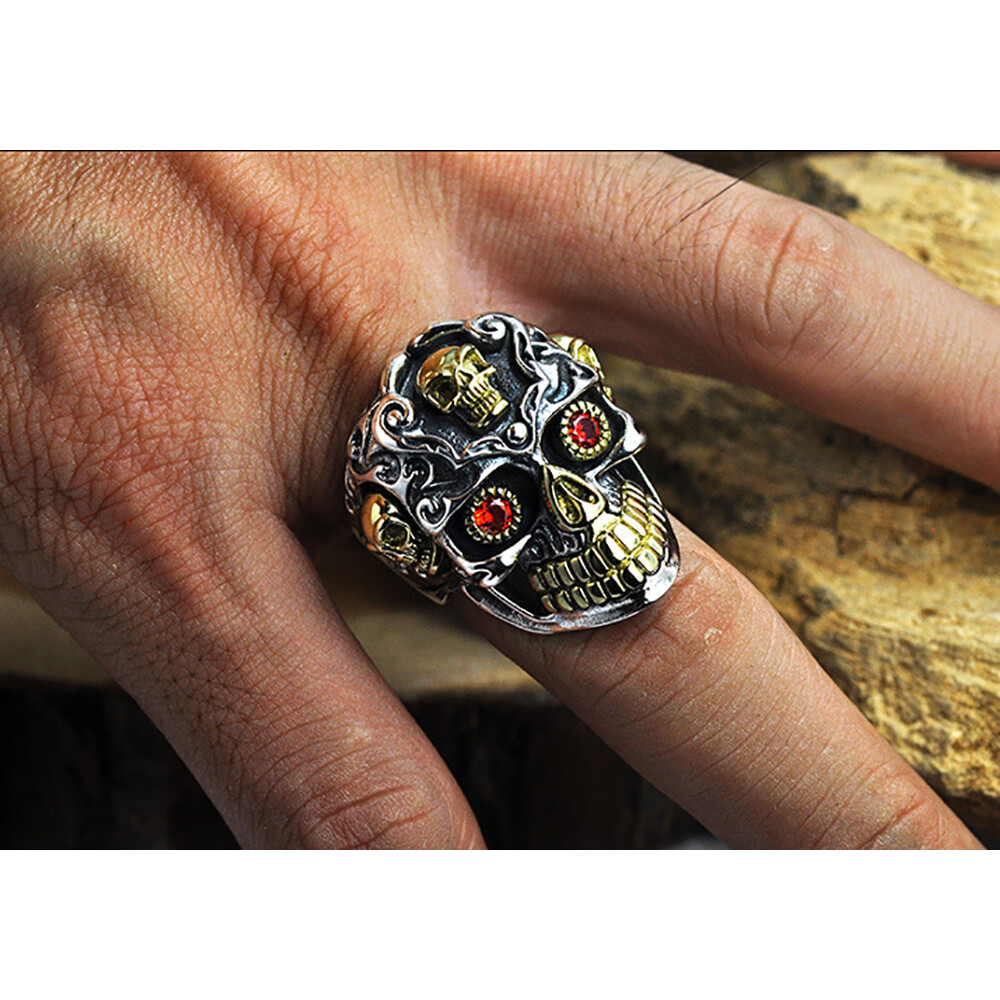 Genuine Men's Solid 925 Sterling Thai Silver Ring Skull Garnet Open Size 8 to 13