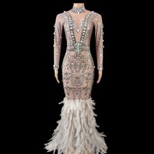 Sparkly Rhinestones White Feather Tail Dress Women Evening Prom