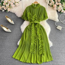 Temperament Stand-up Collar Short Sleeve A-line Dress Women Pleated New Holiday