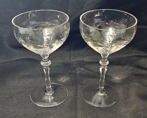 2- Rock Sharpe Tall Champagne Glasses Stem 2011-21 Cut Bowl 1930s Cut Florals