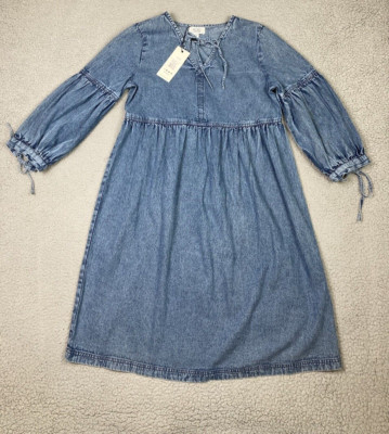 Myra Bag Dress Womens MED Blue Denim Fit Flare Hi Waist Boho Hippie Peasant NWT