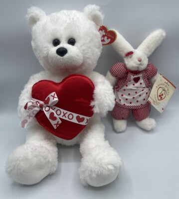 Bunnies By The Bay Valentine Bunny White Red Apron & Ty Romantic Bear Plush