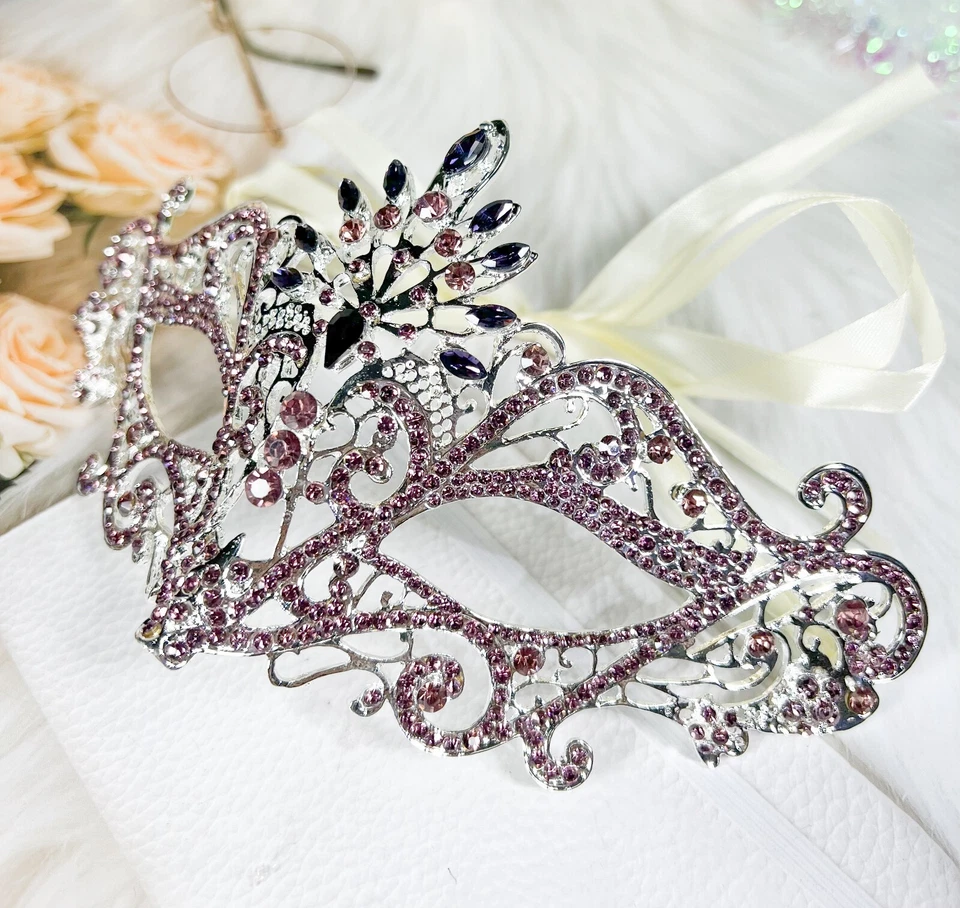 Masquerade Ball Party Mask, Venetian Silver Mask, Mardi Gras Parade Purple Mask - Image 2 of 4