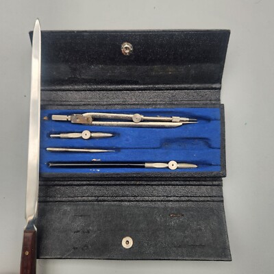 Vintage Morilla 20 Metal Drafting Tools w/Leather Case. Compass