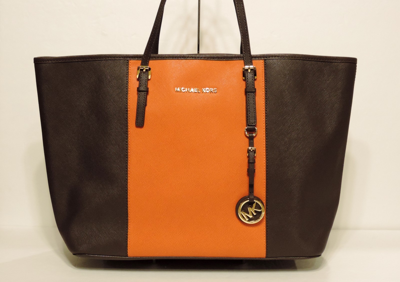 Michael Kors Jet Set Leather Colorblocked Coffee/orange Small 