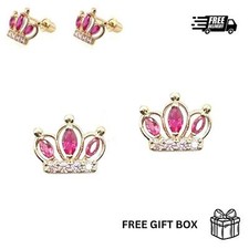 14K Solid Yellow Gold Crown Screw Back CZ Stud Earrings
