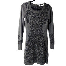 Athleta Cotton Blend Sweater Dress Black Jacquard Floral Graphic Gray XS Scoop N