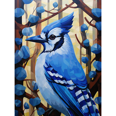 Blue Jay Perched on Tree Geometric Polygonal Forest Canvas Poster Print Wall Art