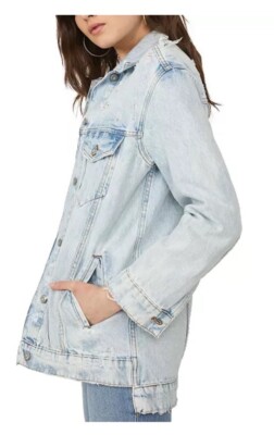 Free People We The Free Destroyed Long & Lean Trucker Jacket Denim XS Oversized