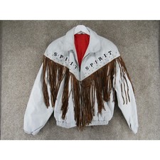 Vintage Nfl Leather Spirit Jacket Women's Size Medium White Brown Fringe (8)