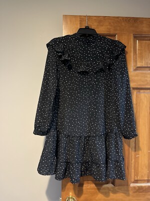 Topshop Black Polka Dot Ruffle Yoke Long Sleeve Mini Dress Size