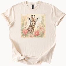Giraffe Floral Garden Graphic T Shirt Cute Animal Butterfly Art Tee Shirt