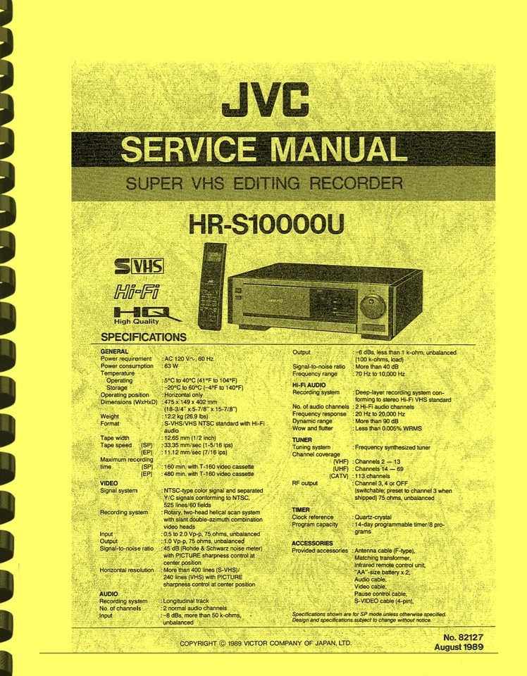 JVC HR-S10000U Super VHS Editing Recorder 4-In-1 OWNER MANUAL & SERVICE MANUAL - Image 4 of 4