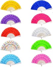 10 PCS Colorful Fabric Peacock Pattern Folding Hand Fan Spanish Folding Hand