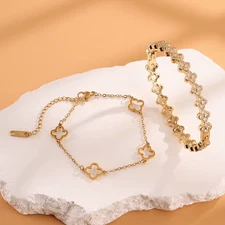 Lucky Four-Leaf Flower Design Shiny Zircon Bracelet Set for Women Colorful Rainb