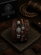 Northrune Viking Men's Brown Leather Wrap Bracelet Beaded Braided Adjustable