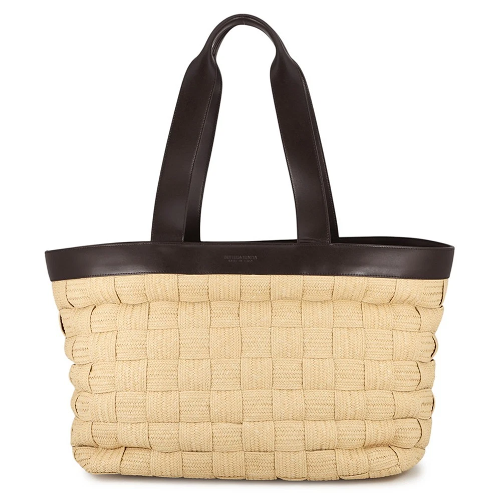 Bottega Veneta — Bottega Veneta INTRECCIATO Cassette Tote Bag Raffia Leather Natural/Fondente...