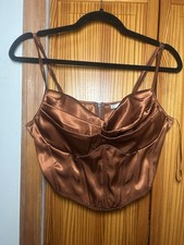 Brown Satin Polyester Corset Top Zip Back Adjustable Straps Underwired Size L