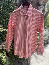 Bugatchi Uomo Men Size 16 Orange Striped Cotton Long Sleeve Dress Shirt